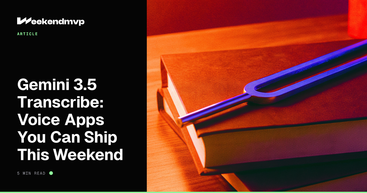 A small metal tuning fork resting on a closed notebook on a near-black desk, one mint beam along the tines, very shallow focus, no people or text