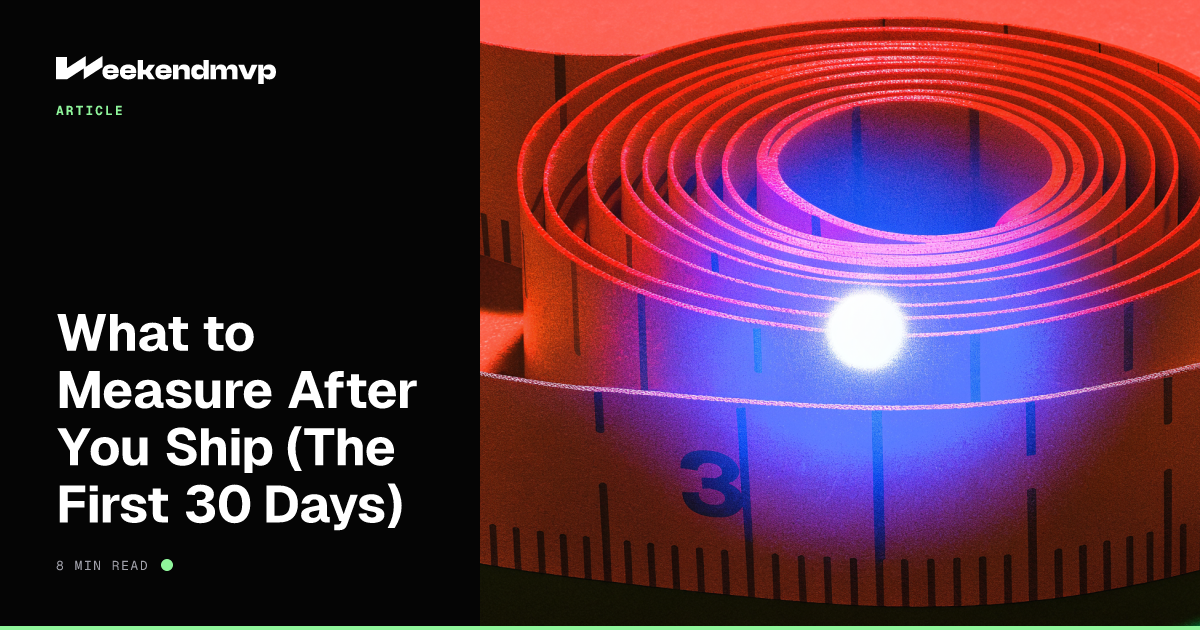 A folded paper tape measure curled on a near-black desk beside a closed notebook, its edge caught by a narrow mint beam